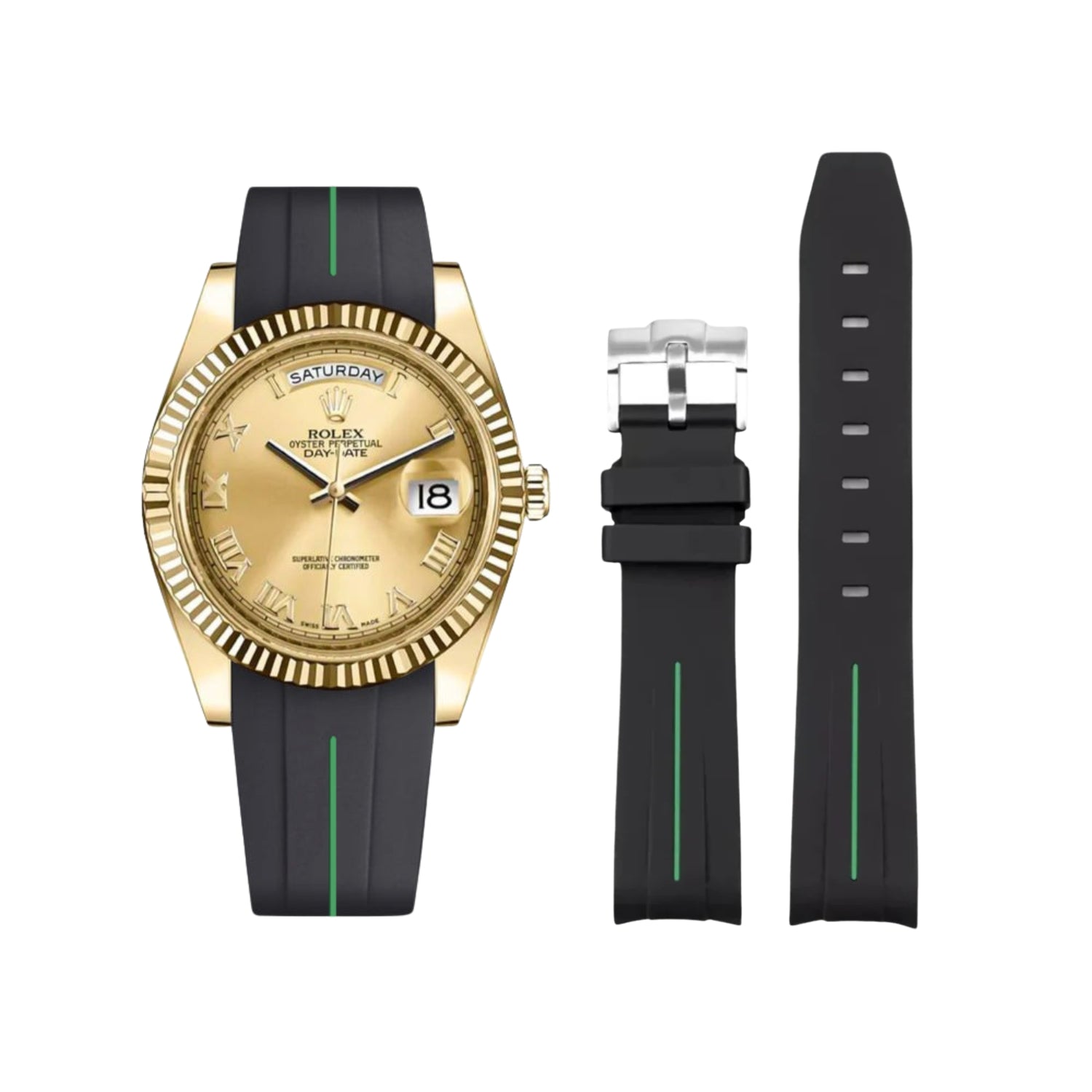 Rubber Strap - For Rolex Day - Date II 41mm - Black w/Green Line | LuxLine® - Helvetus