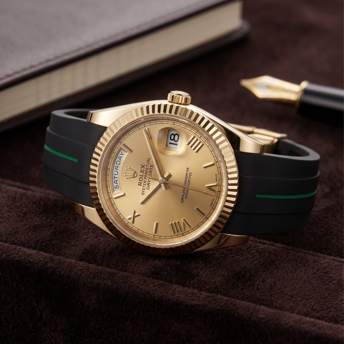 Rubber Strap - For Rolex Day-Date II 41mm - Black w/Green Line | LuxLine® - Helvetus