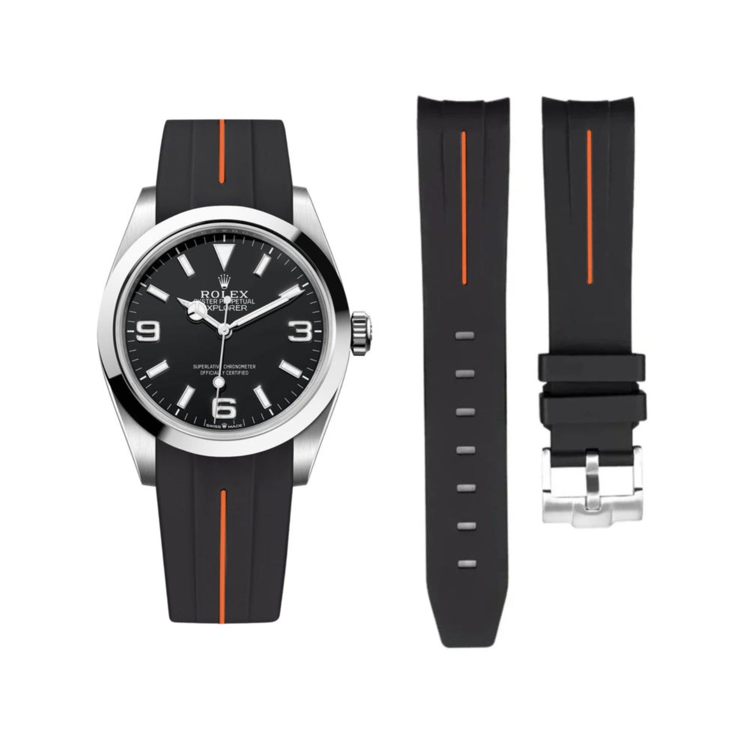 Rubber Strap - For Rolex Explorer I - Black w/Orange Line | LuxLine® - Helvetus