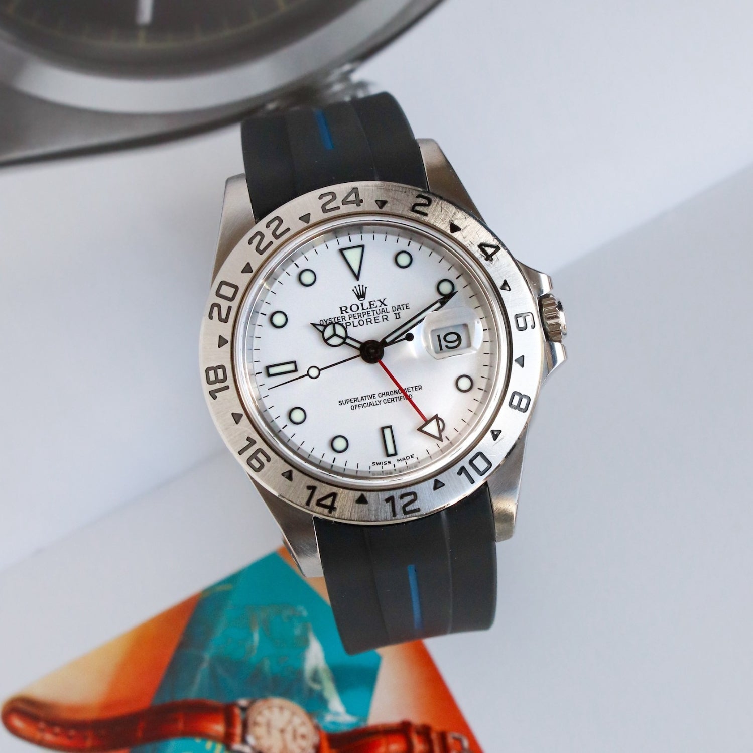 Rubber Strap - For Rolex Explorer II - Black w/Blue Line | LuxLine® - Helvetus