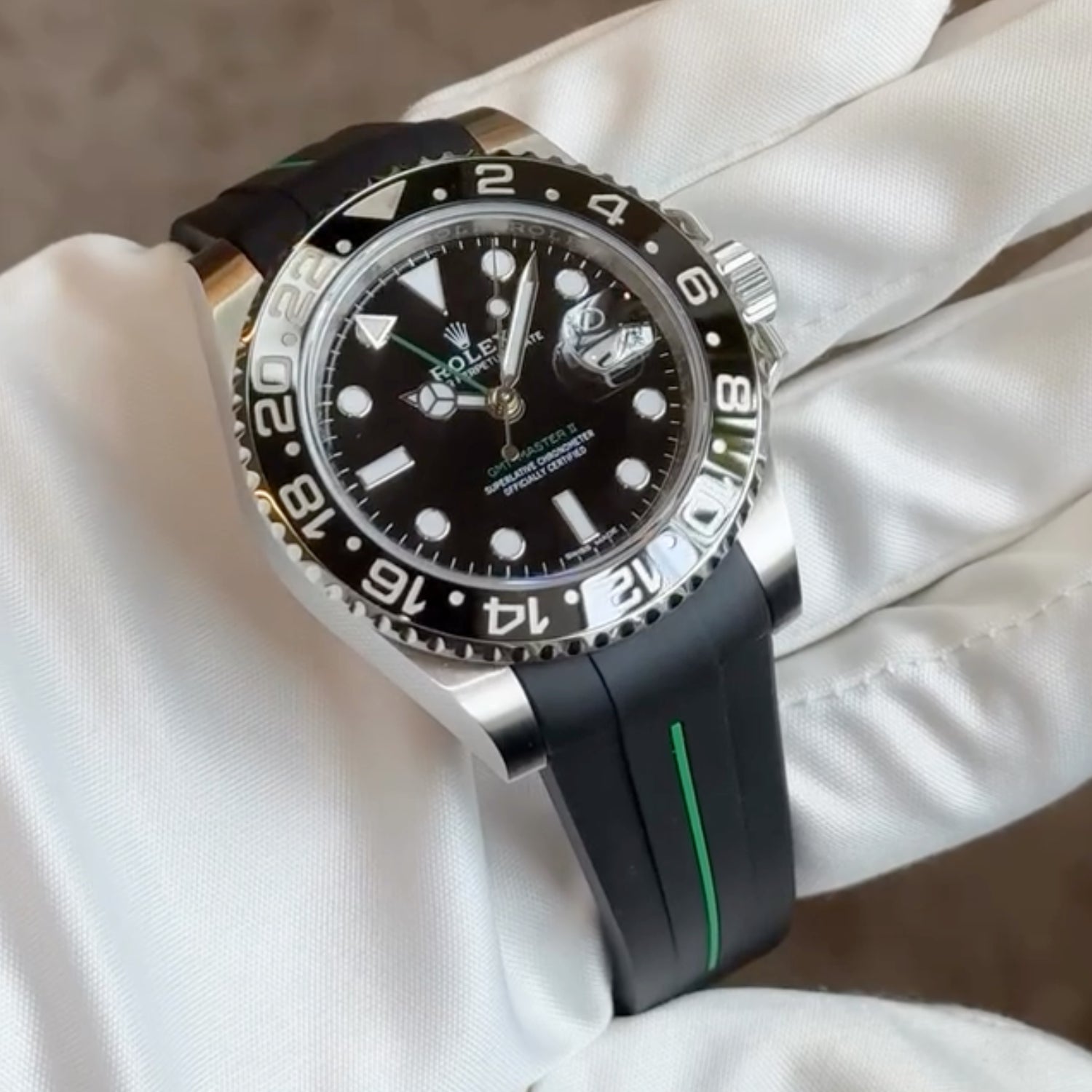 Rubber Strap - For Rolex GMT - Master II - Black w/Green Line | LuxLine® - Helvetus