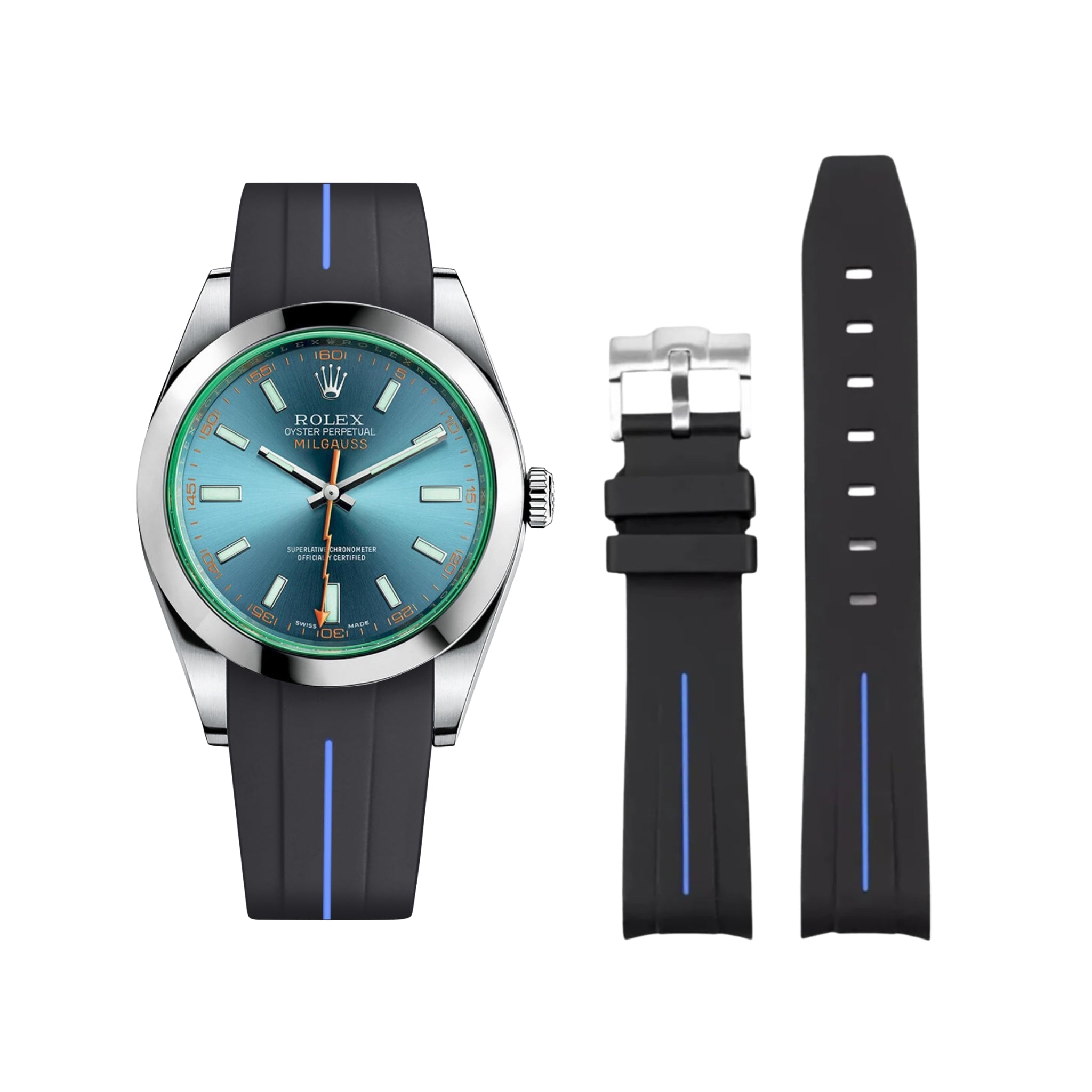 Rubber Strap - For Rolex Milgauss - Black w/Blue Line | LuxLine® - Helvetus