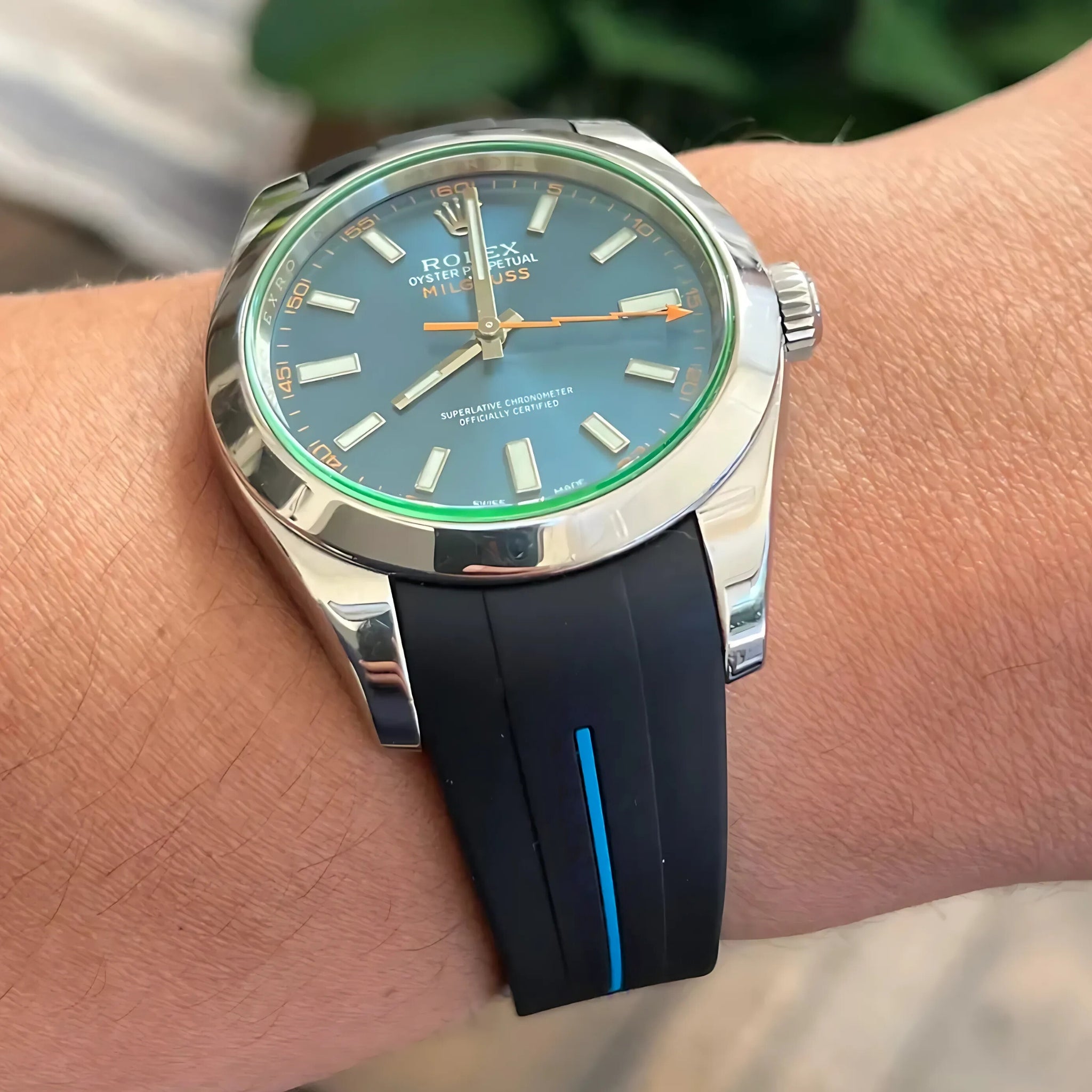 Rubber Strap - For Rolex Milgauss - Black w/Blue Line | LuxLine® - Helvetus