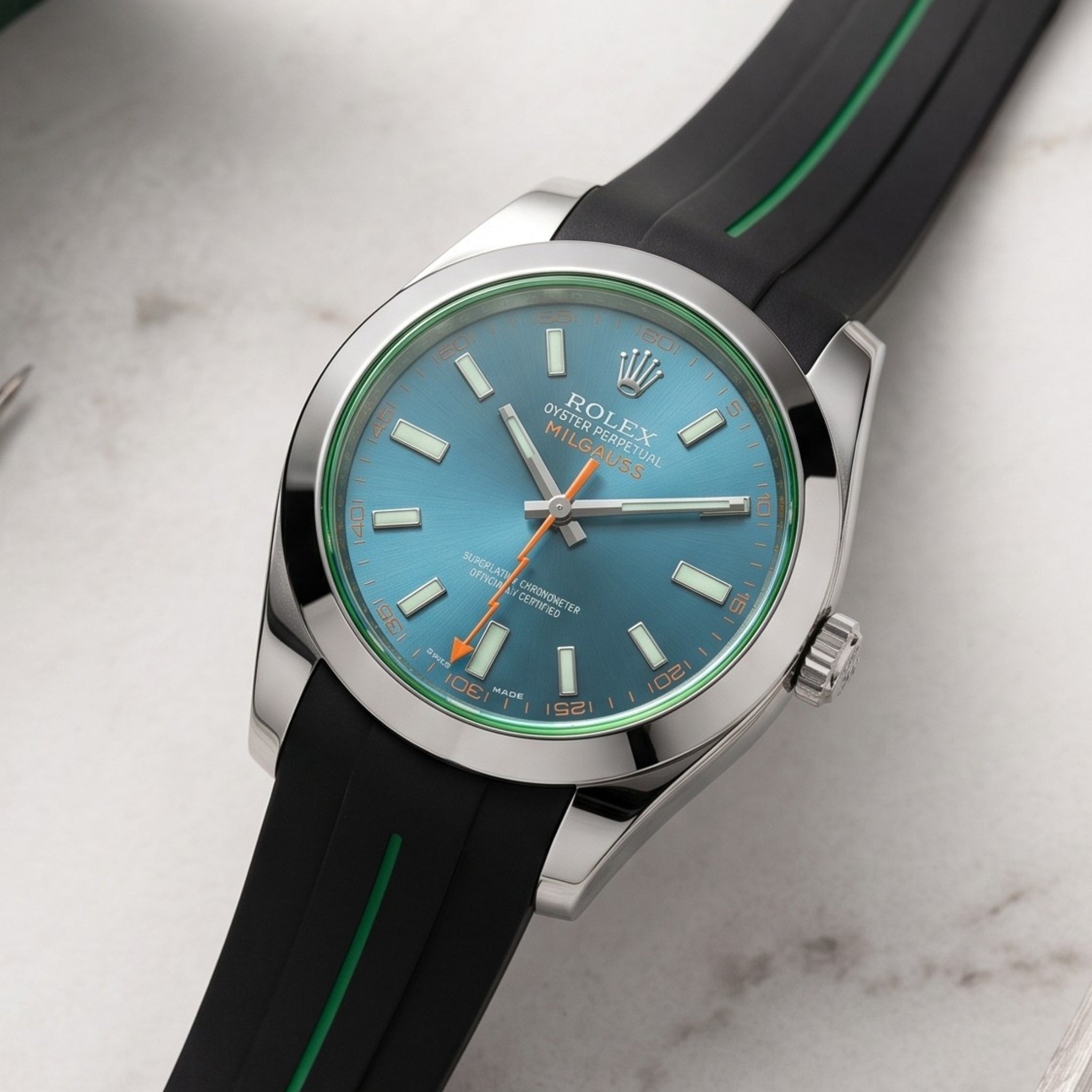 Rubber Strap - For Rolex Milgauss - Black w/Green Line | LuxLine® - Helvetus