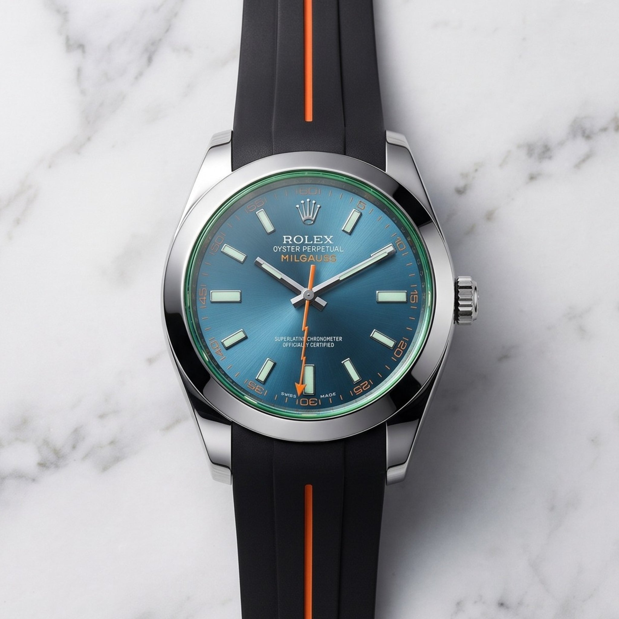 Rubber Strap - For Rolex Milgauss - Black w/Orange Line | LuxLine® - Helvetus