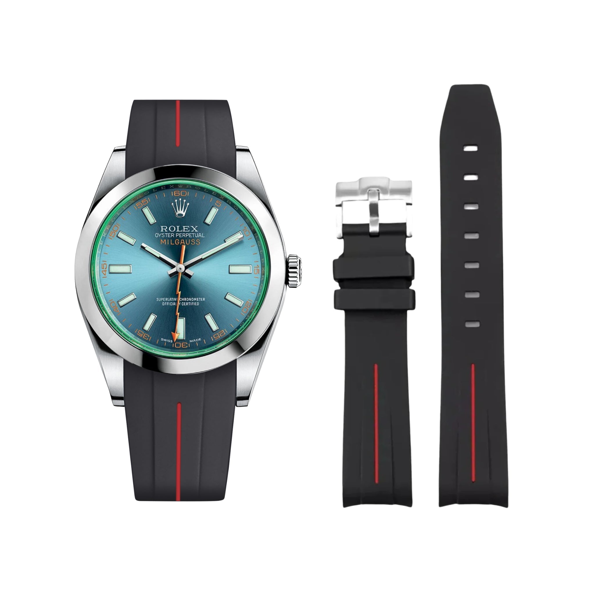 Rubber Strap - For Rolex Milgauss - Black w/Red Line | LuxLine® - Helvetus