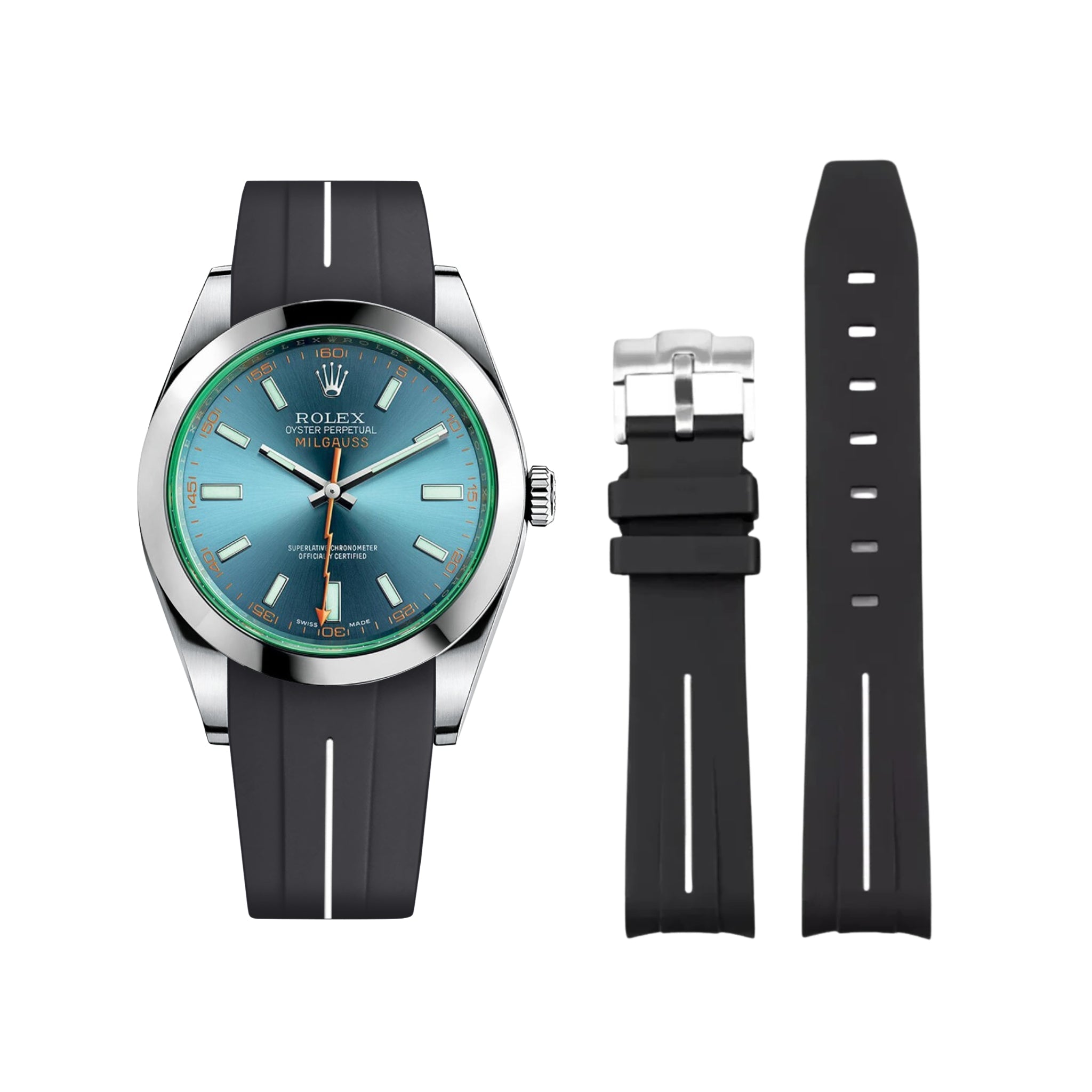Rubber Strap - For Rolex Milgauss - Black w/White Line | LuxLine® - Helvetus