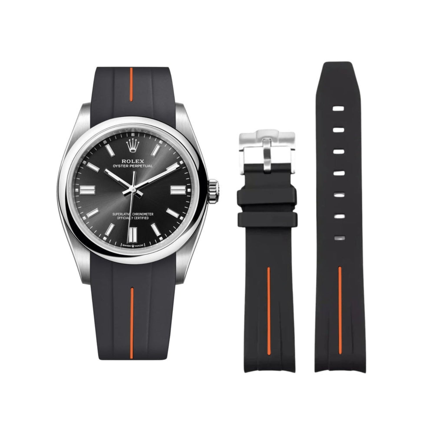 Rubber Strap - For Rolex Oyster Perpetual 36mm - Black w/Orange Line | LuxLine® - Helvetus