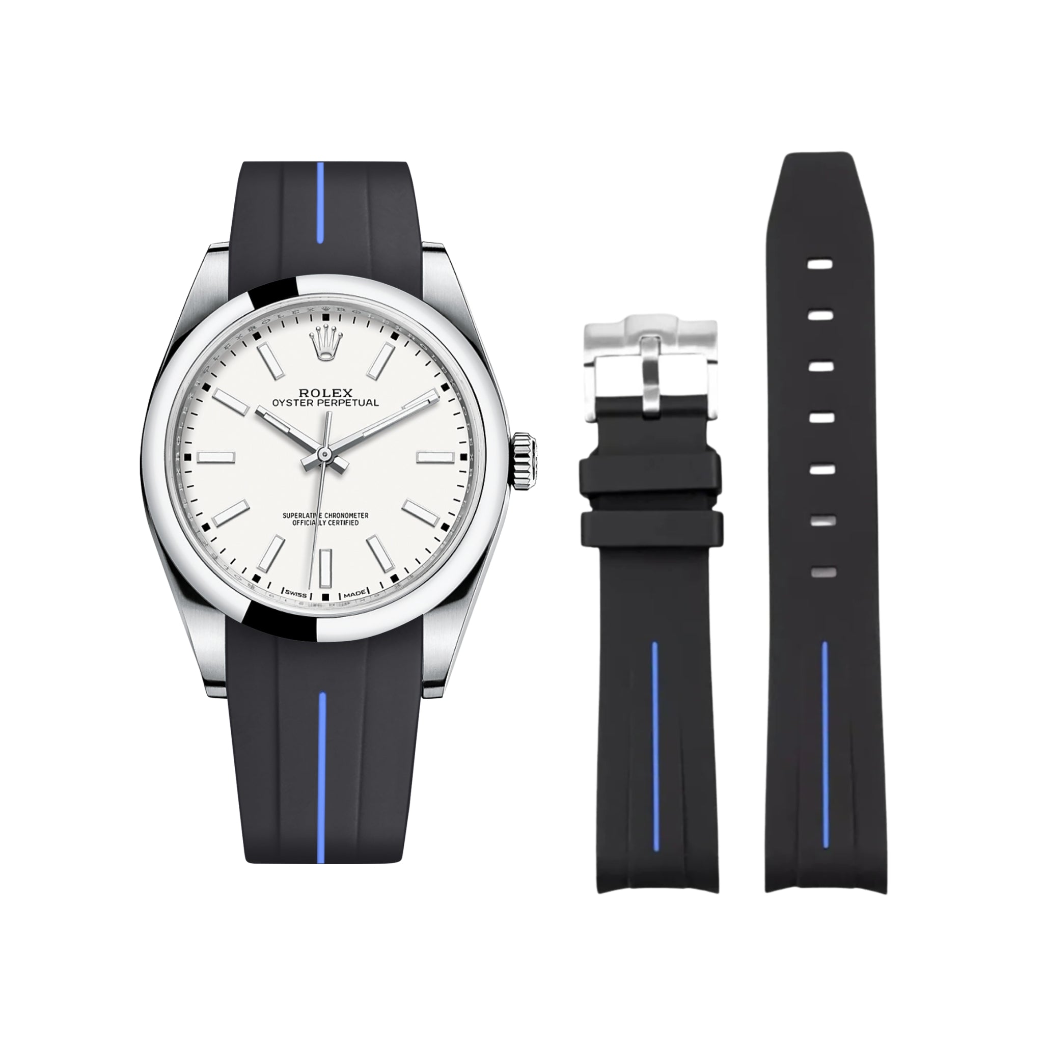 Rubber Strap - For Rolex Oyster Perpetual 39mm - Black w/Blue Line | LuxLine® - Helvetus