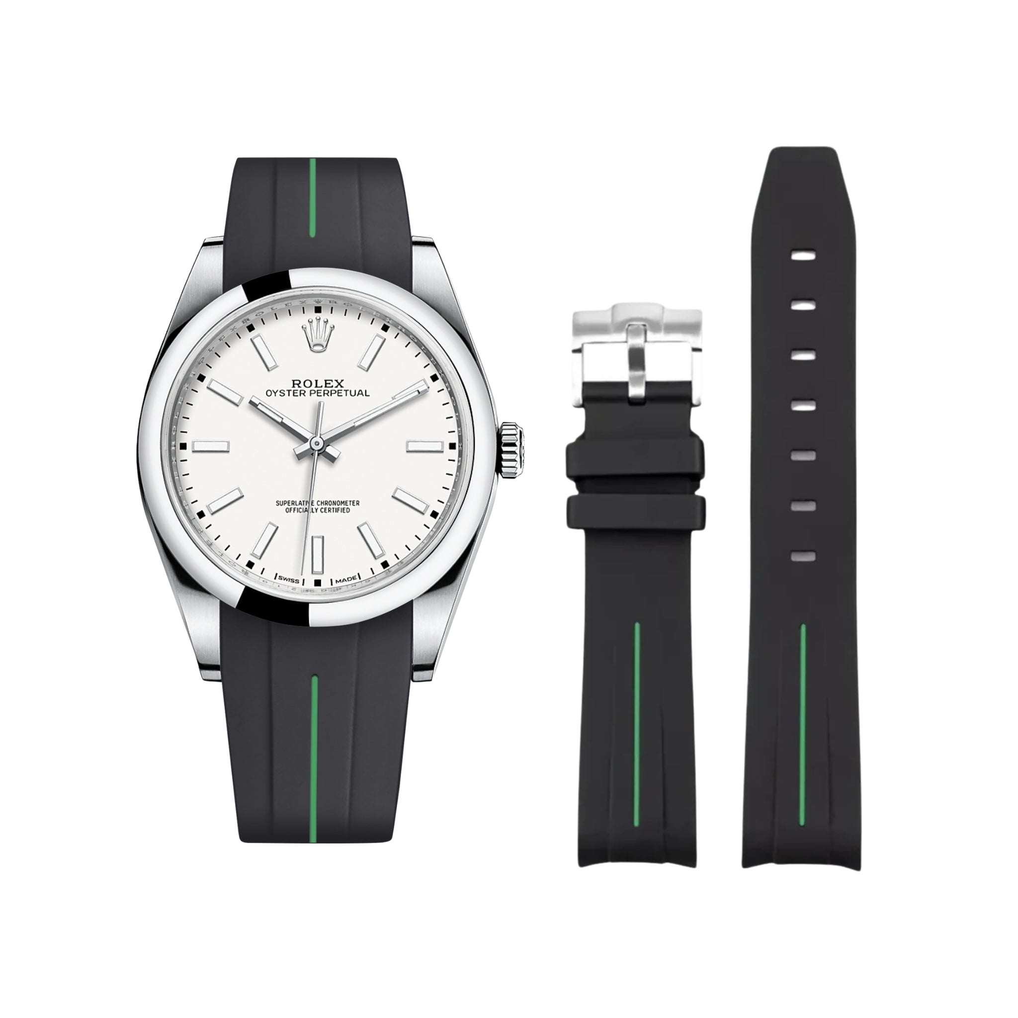 Rubber Strap - For Rolex Oyster Perpetual 39mm - Black w/Green Line | LuxLine® - Helvetus