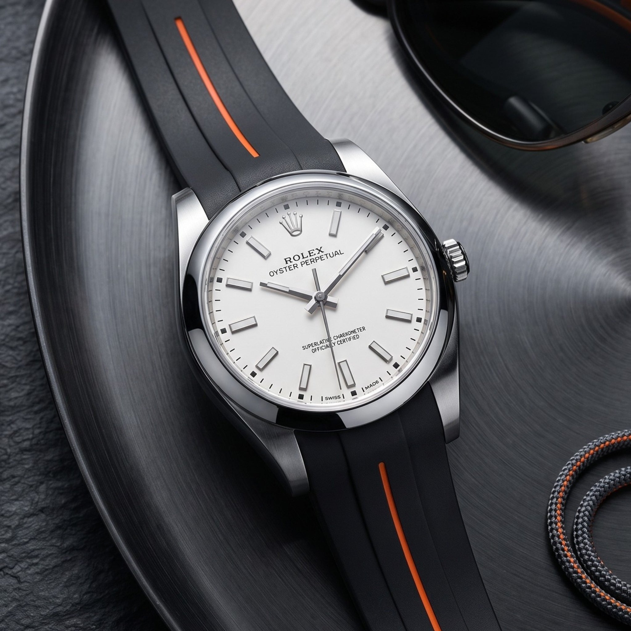 Rubber Strap - For Rolex Oyster Perpetual 39mm - Black w/Orange Line | LuxLine® - Helvetus