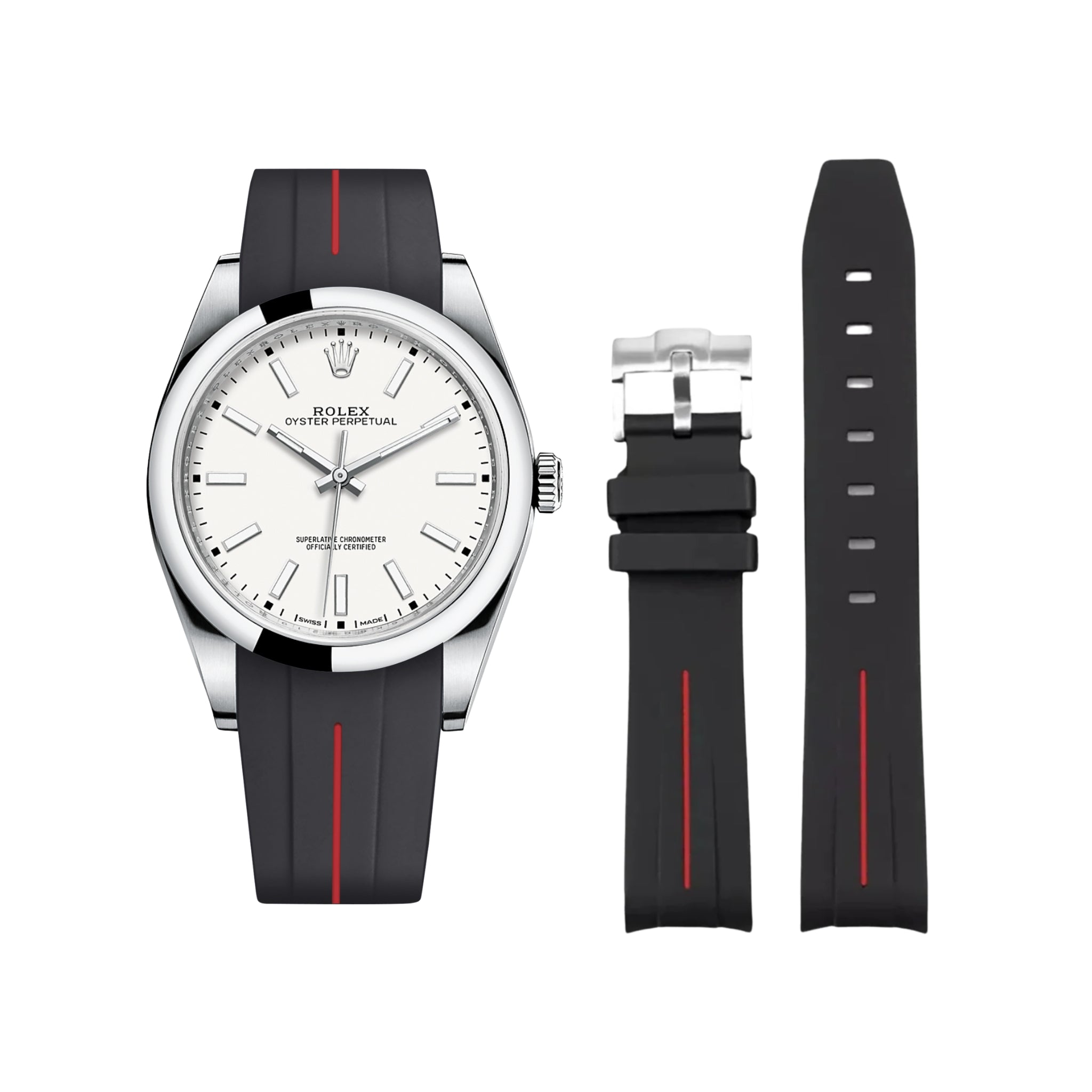 Rubber Strap - For Rolex Oyster Perpetual 39mm - Black w/Red Line | LuxLine® - Helvetus