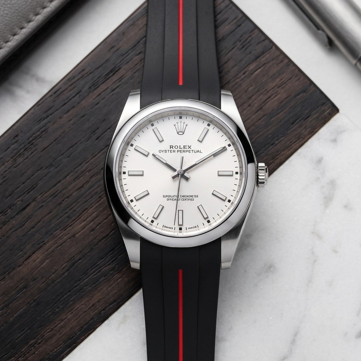 Rubber Strap - For Rolex Oyster Perpetual 39mm - Black w/Red Line | LuxLine® - Helvetus