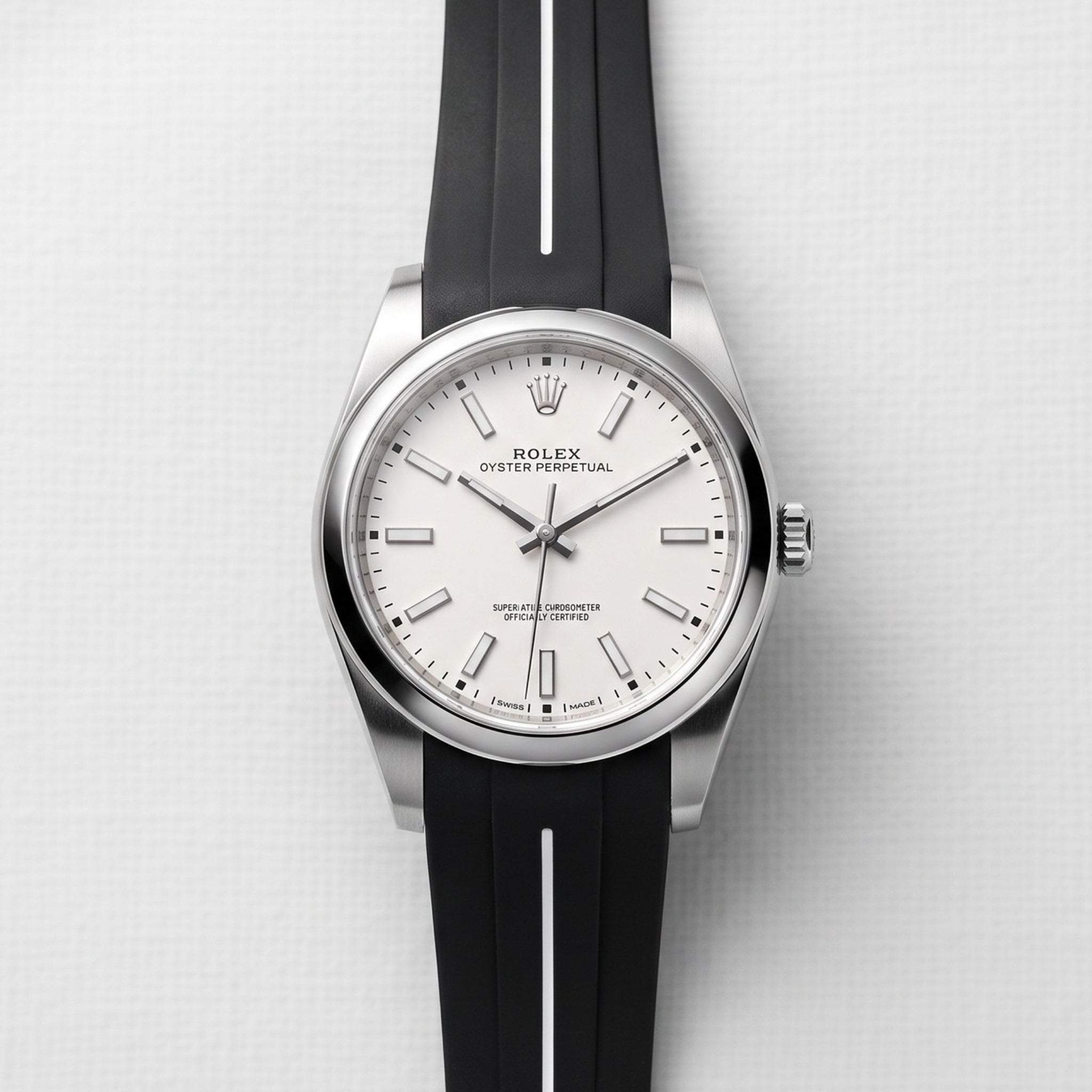 Rubber Strap - For Rolex Oyster Perpetual 39mm - Black w/White Line | LuxLine® - Helvetus