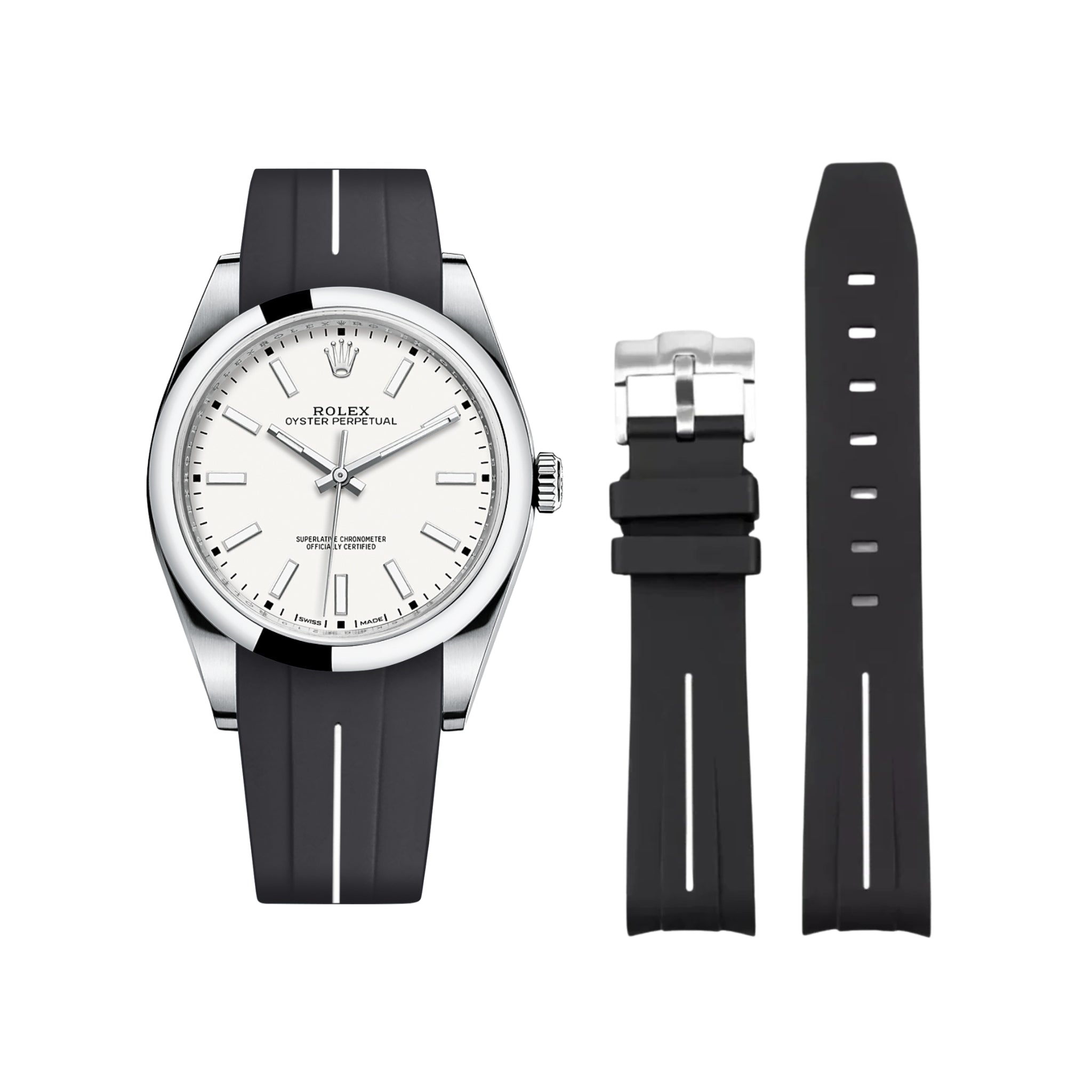 Rubber Strap - For Rolex Oyster Perpetual 39mm - Black w/White Line | LuxLine® - Helvetus
