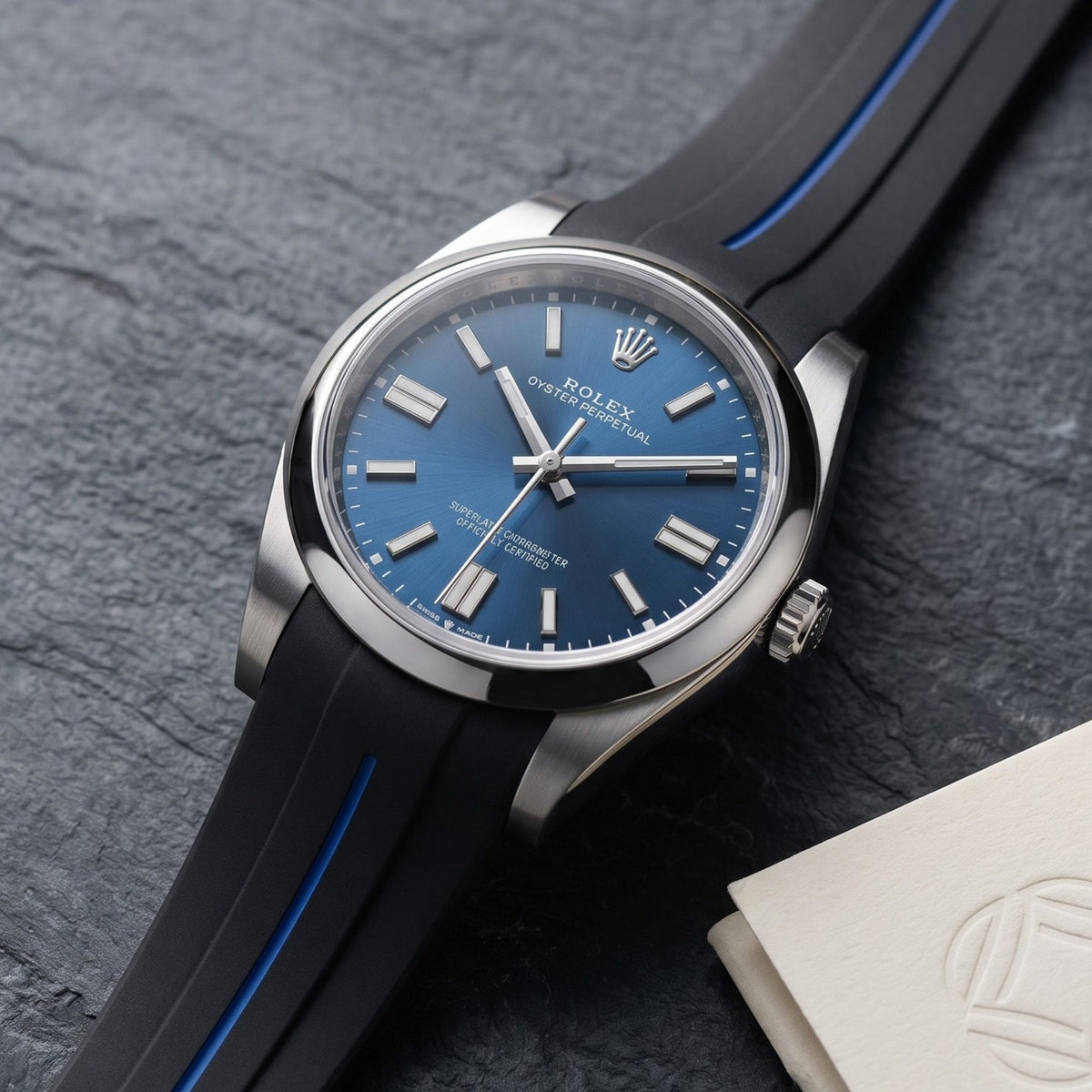 Rubber Strap - For Rolex Oyster Perpetual 41mm - Black w/Blue Line | LuxLine® - Helvetus