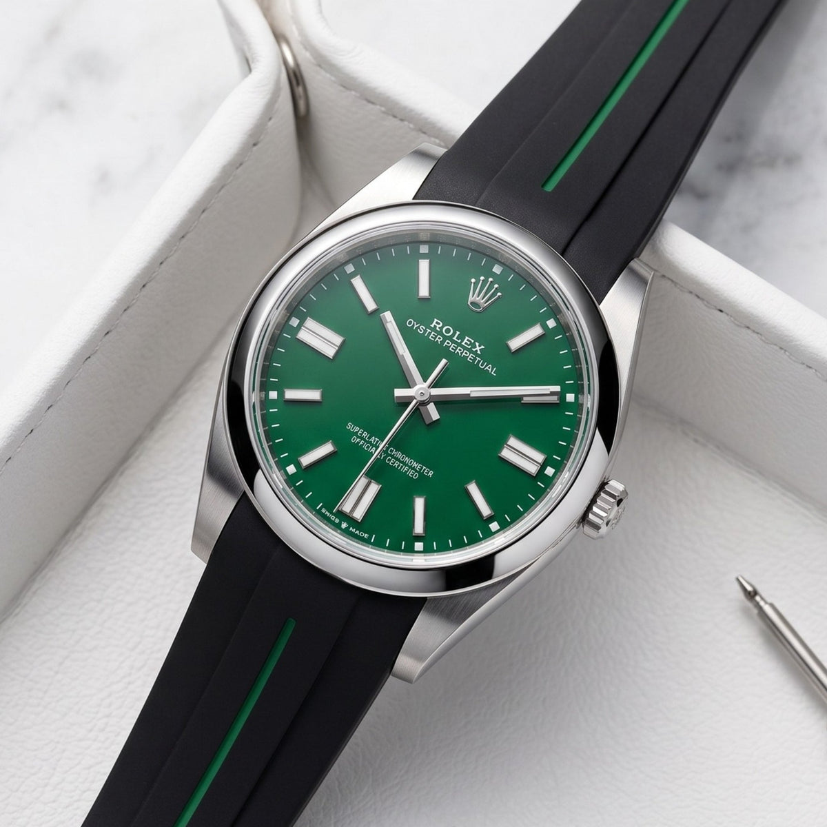 Rubber Strap - For Rolex Oyster Perpetual 41mm - Black w/Green Line | LuxLine® - Helvetus