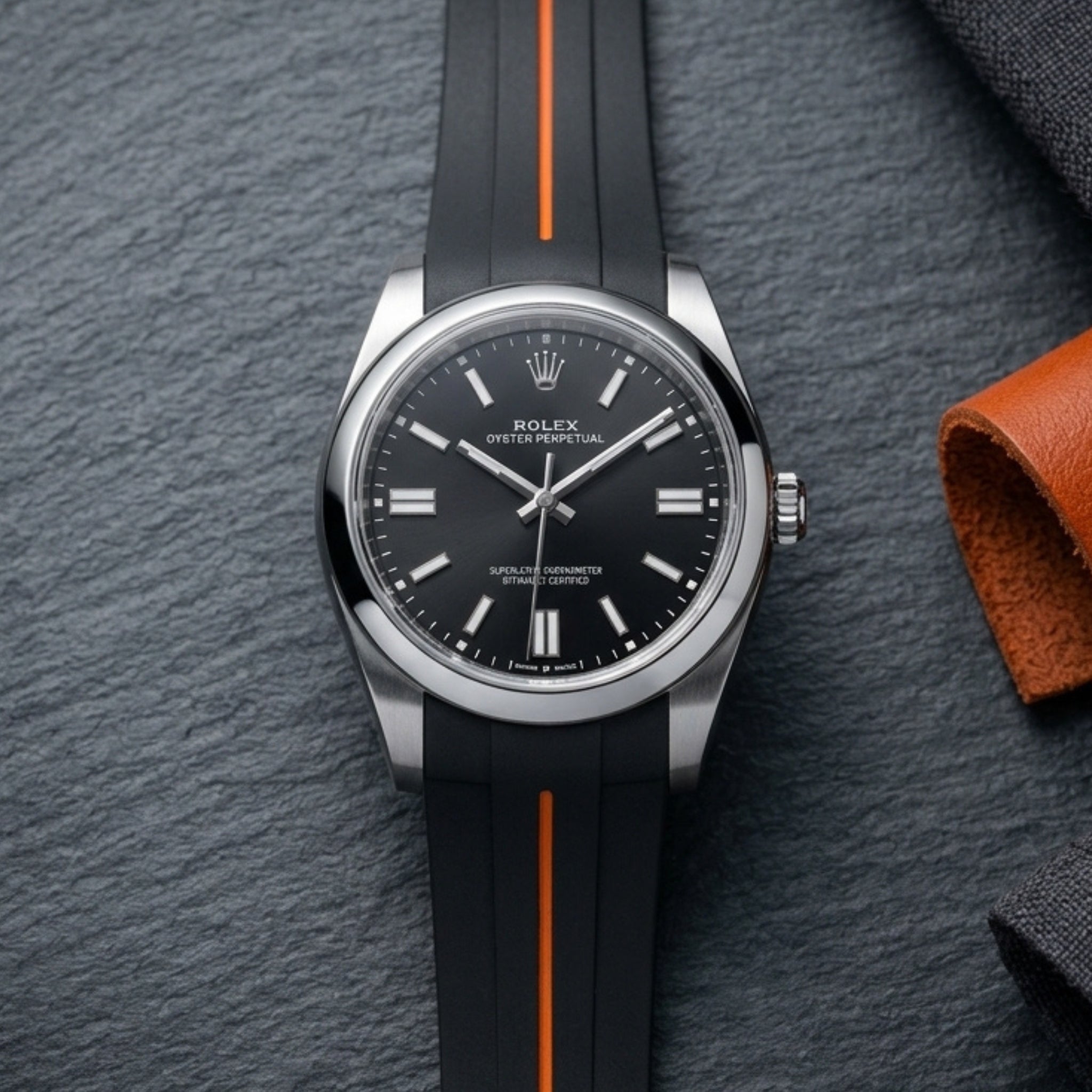 Rubber Strap - For Rolex Oyster Perpetual 41mm - Black w/Orange Line | LuxLine® - Helvetus