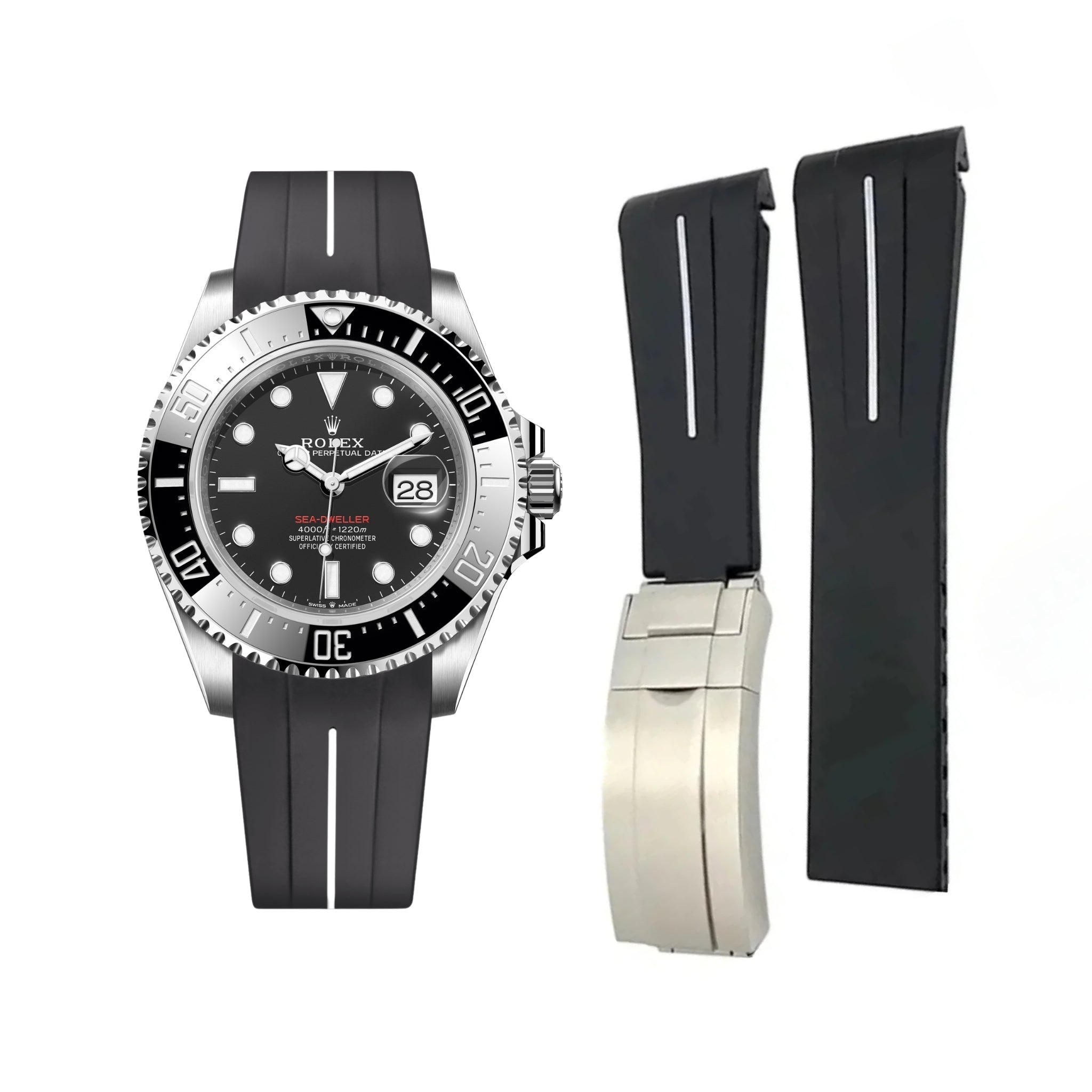 Rubber Strap - For Rolex Sea - Dweller - Black w/White Line | LuxLine® - Helvetus