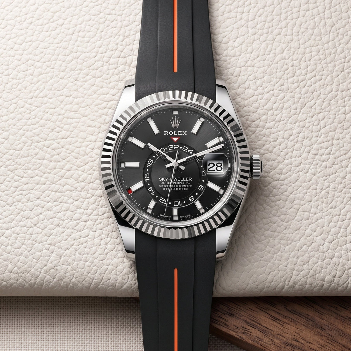 Rubber Strap - For Rolex Sky-Dweller - Black w/Orange Line | LuxLine® - Helvetus