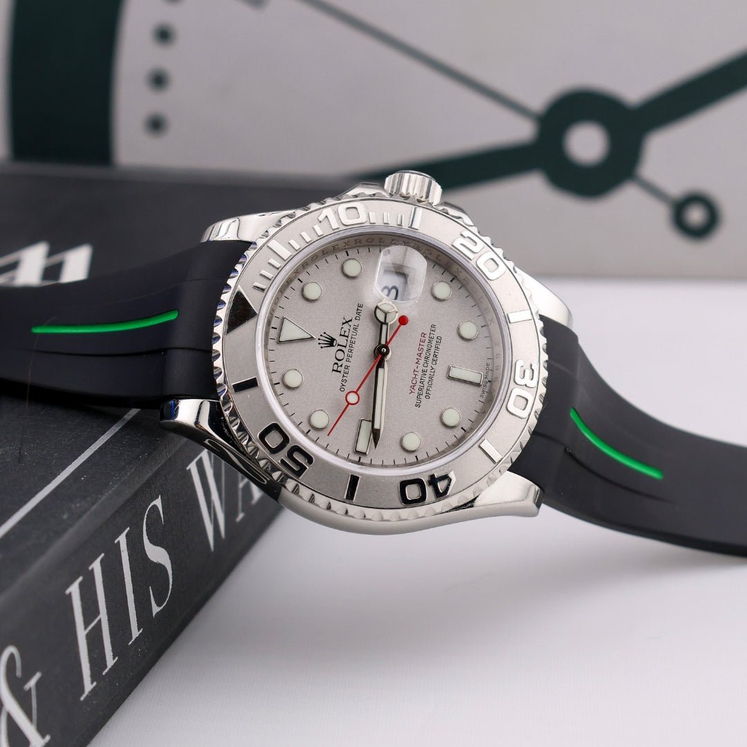 Rubber Strap - For Rolex Yacht - Master 40mm/42mm - Black w/Green Line | LuxLine® - Helvetus