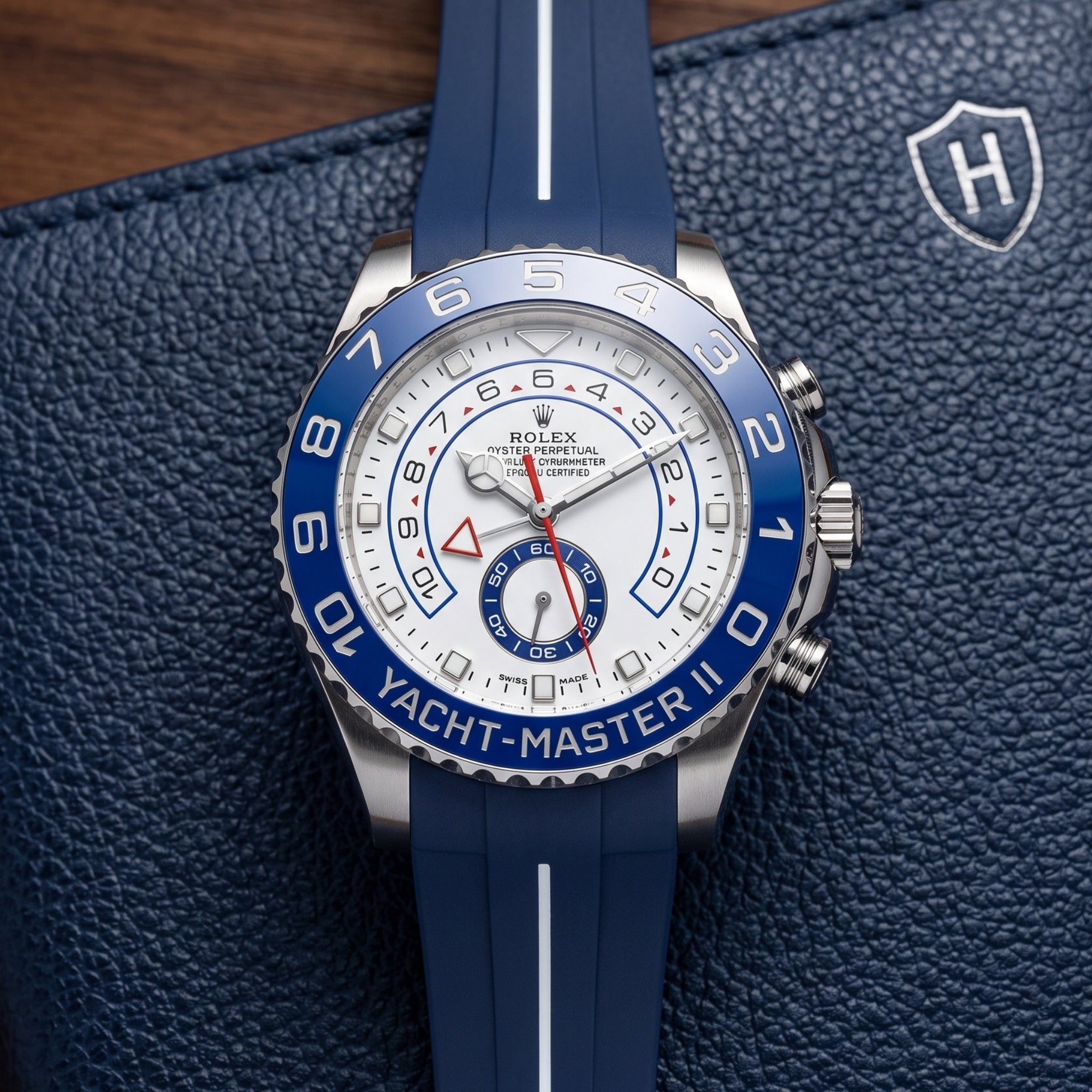 Rubber Strap - For Rolex Yacht-Master II 44mm - Navy Blue w/White Line | LuxLine® - Helvetus