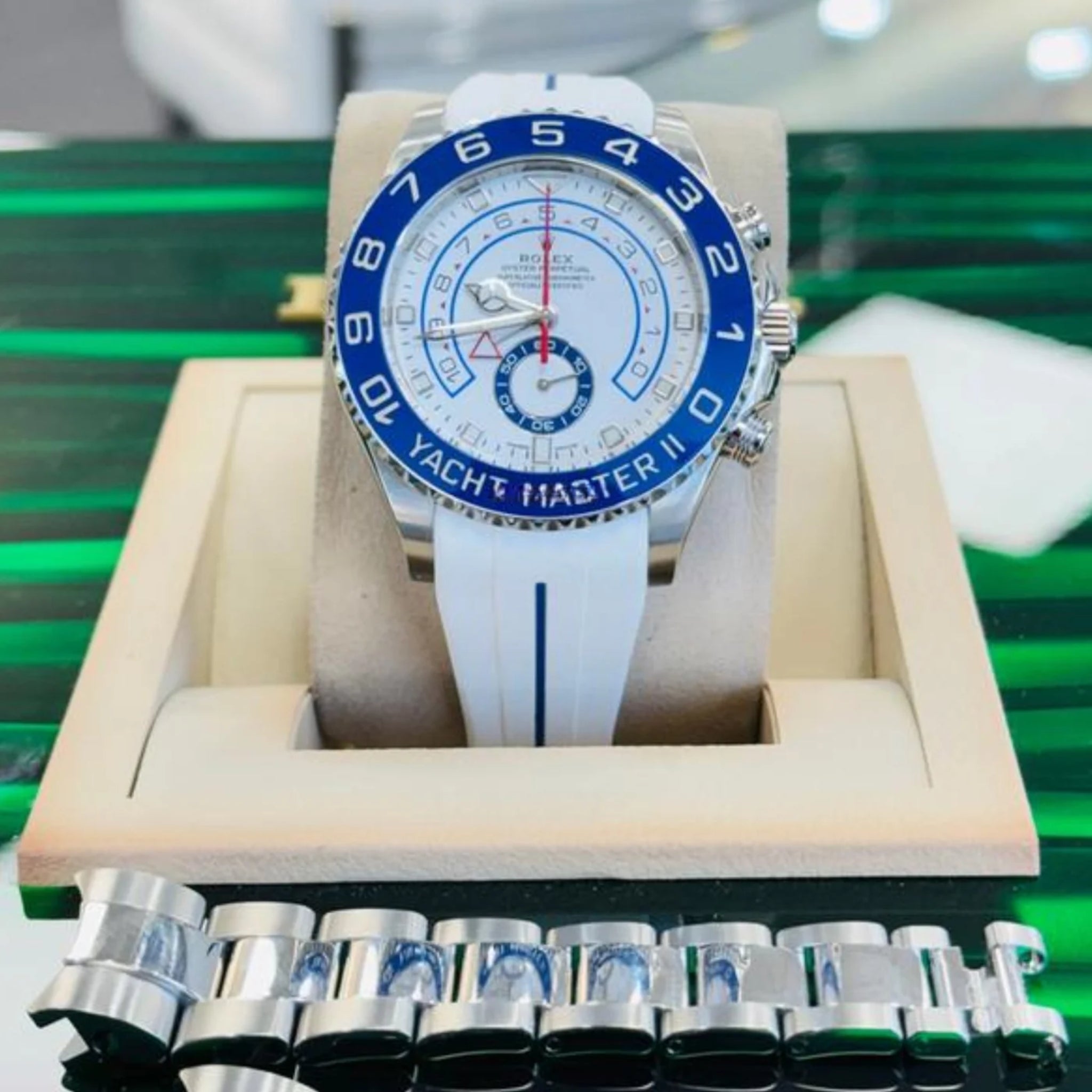 Rubber Strap - For Rolex Yacht - Master II 44mm - White w/Blue Line | LuxLine® - Helvetus